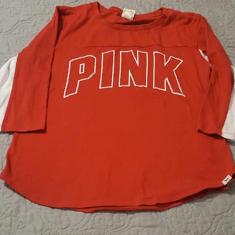PINK Victoria's Secret Red Long Sleeve Baseball-Style Tee Size LARGE